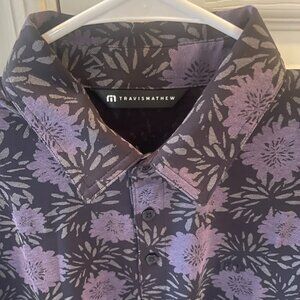 Travis Mathew Not Happening Mens Medium Purple Floral Print Golf Polo Shirt Logo